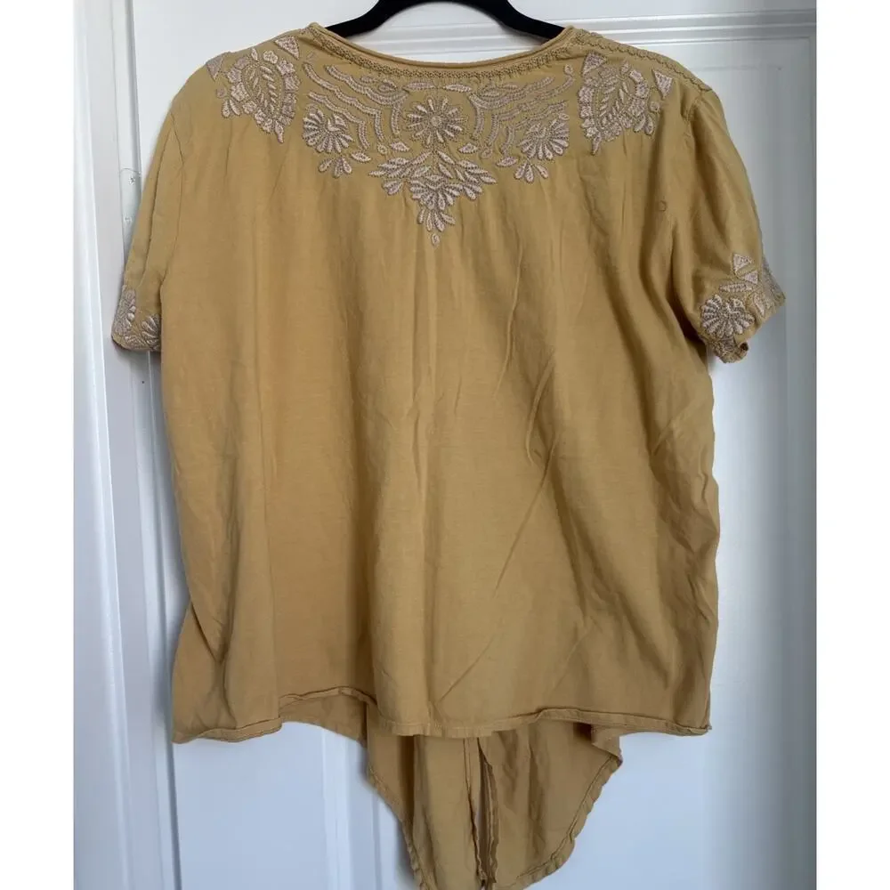JOHNNY WAS Top La Rita Womens Yellow Embroidered Knot Short Sleeve Size Large